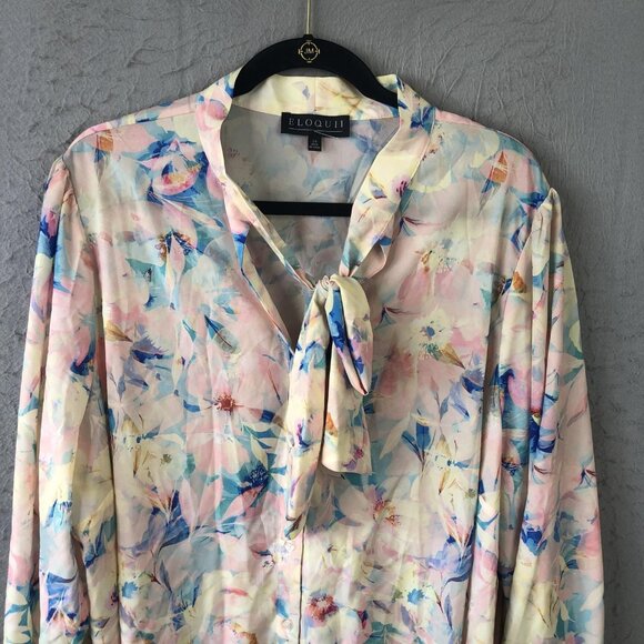 Eloquii Blouse Womens 24 Floral Tie Neck Bow Long Sleeve Button Front Plus Size - Picture 9 of 16